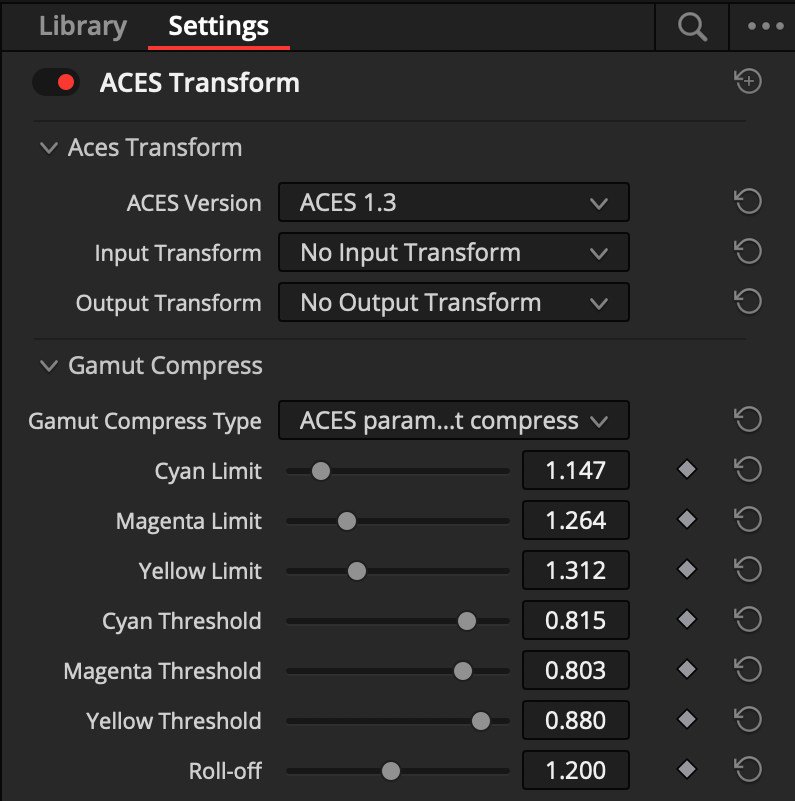 DaVinci Resolve Parametric Gamut Compress Settings